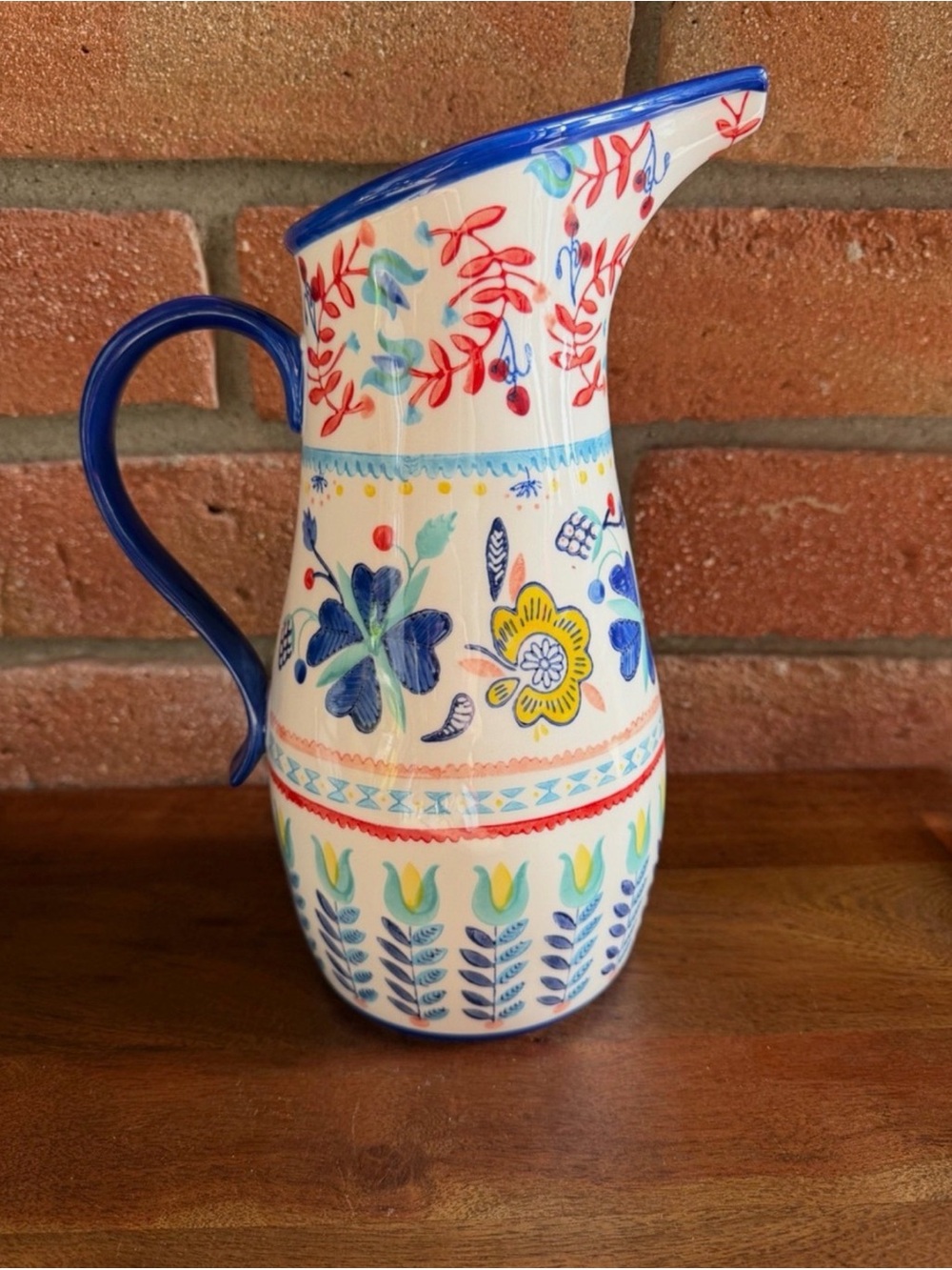 Anthropologie Hand-Painted Floral Ceramic Pitcher - Blue, Yellow & Red